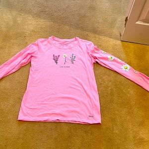 Life is good long sleeve top with flowers on chest and one sleeve